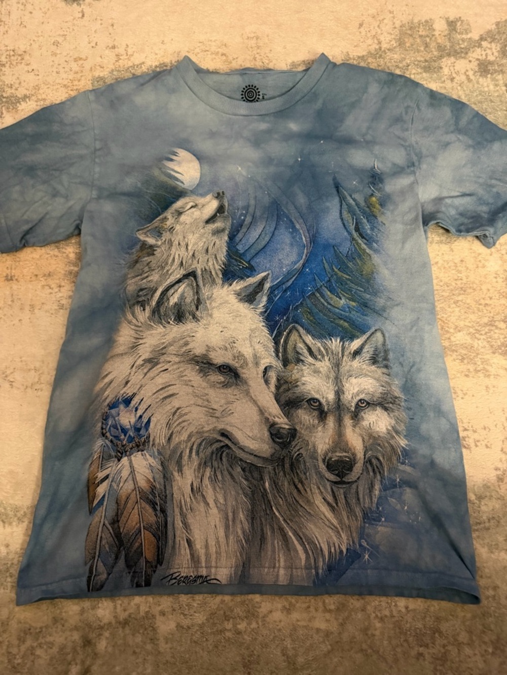 The Mountain Light Blue Tie-Dye Wolf Tee with Moon